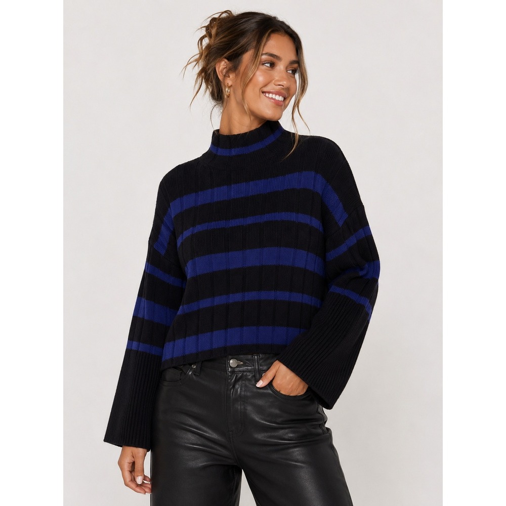 Madewell Recycled Cashmere Wool Blend Striped Mock Neck Sweater Black Blue M